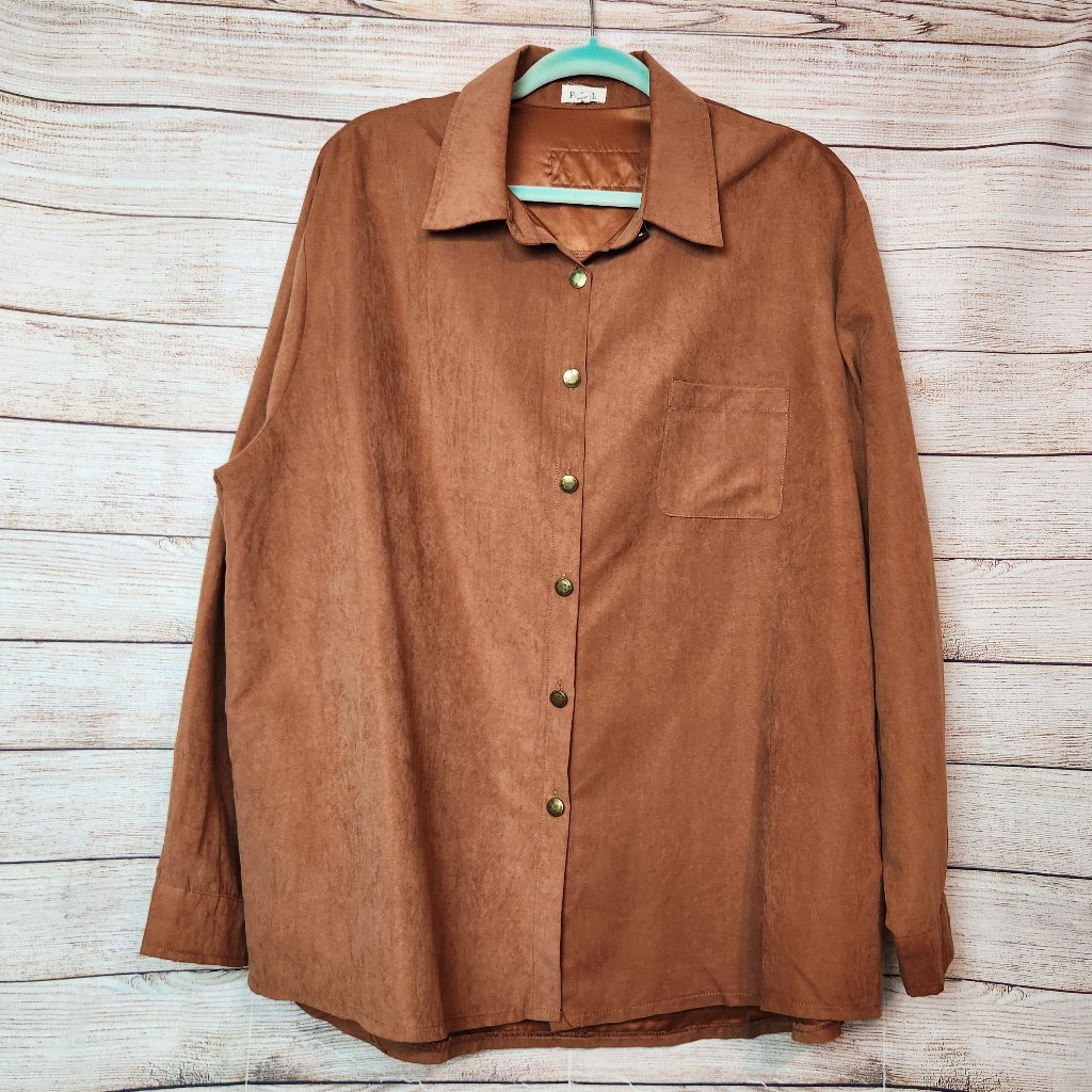 Pol Women's Long Sleeve Button Shirt Brown Suede Feel Size Large